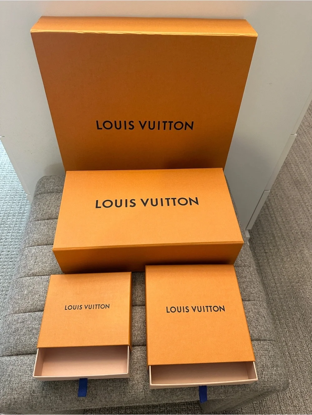 Lot of Authentic Empty Louis Vuitton Gift Box, bags, ribbons, drawer, Gucci box